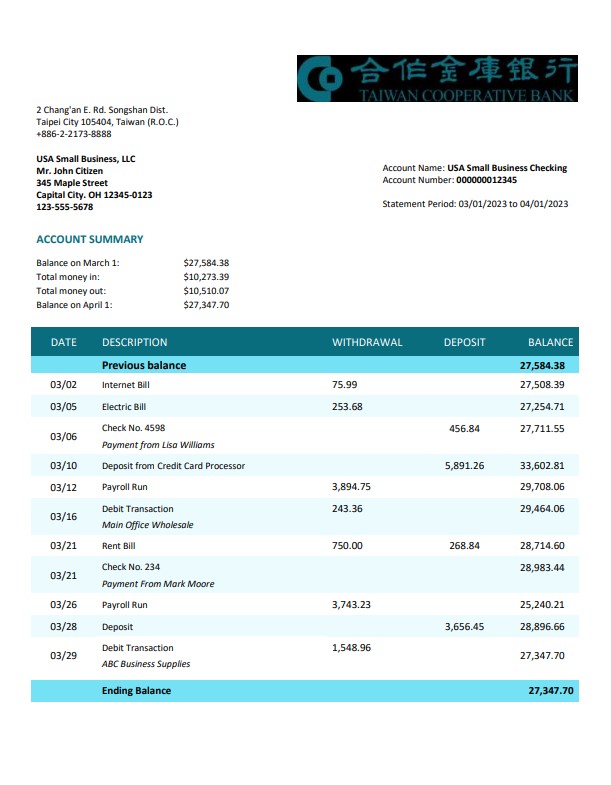 Déclaration d'organisation de la Taiwan Cooperative Bank Modèle Word et PDF